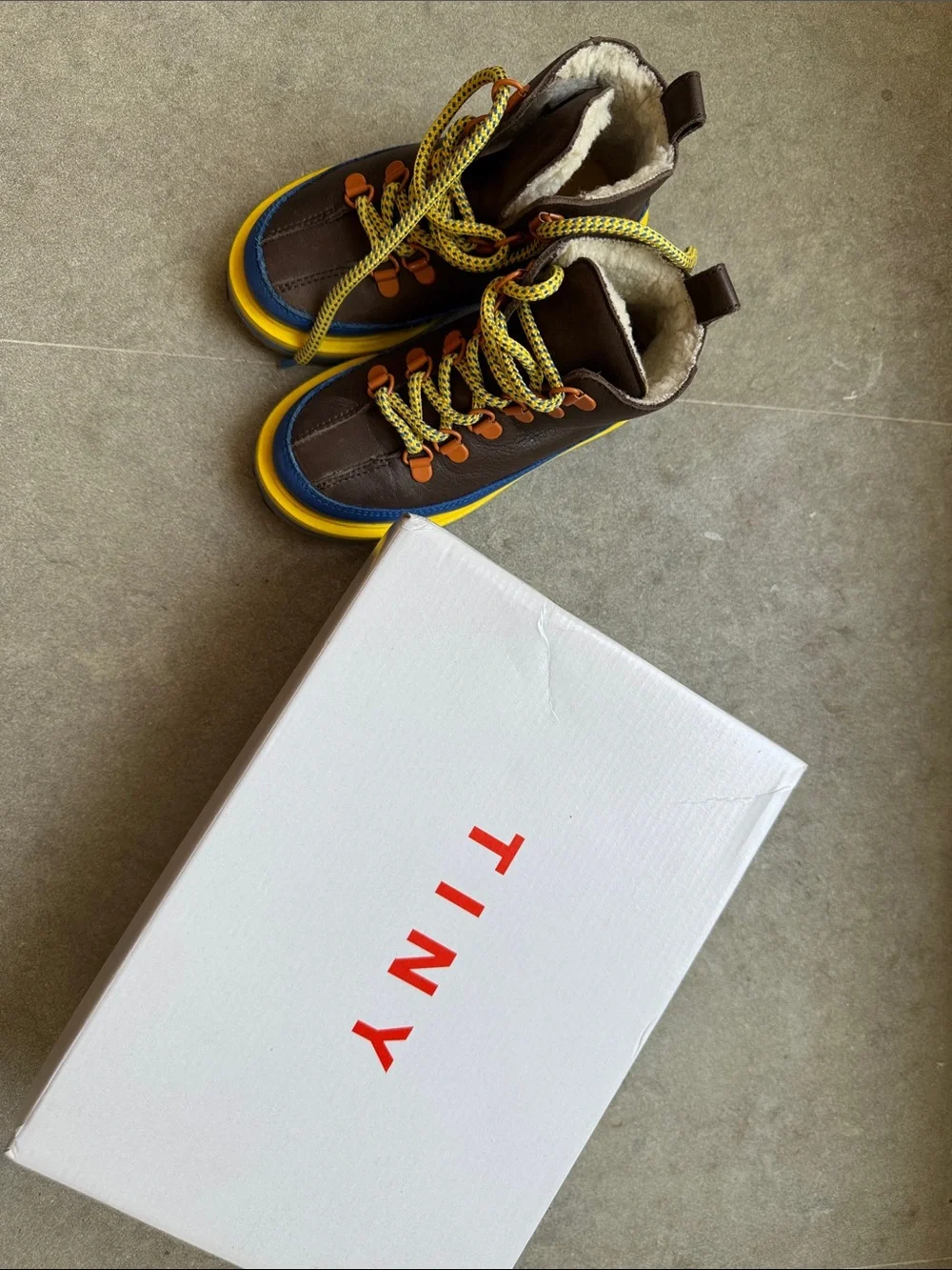Kids Brown Leather Boots with Blue & Yellow Accents